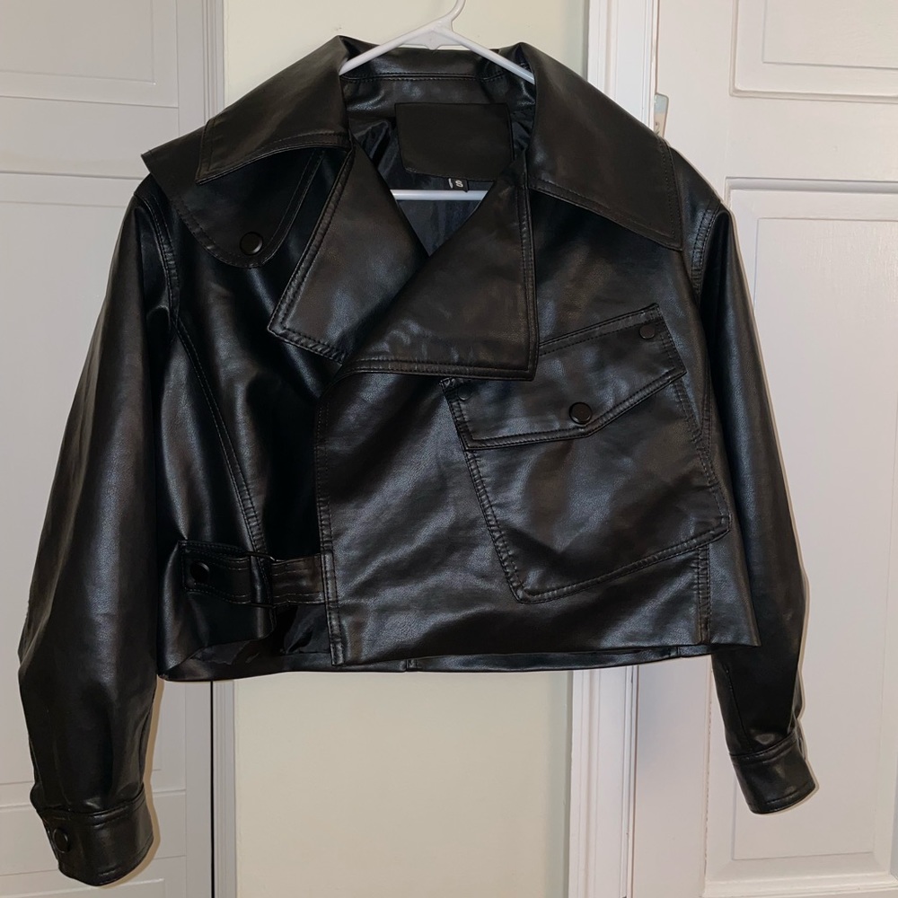 Shein Flap Pocket Oversized Cropped Vegan Leather Jacket - Picture 2 of 5